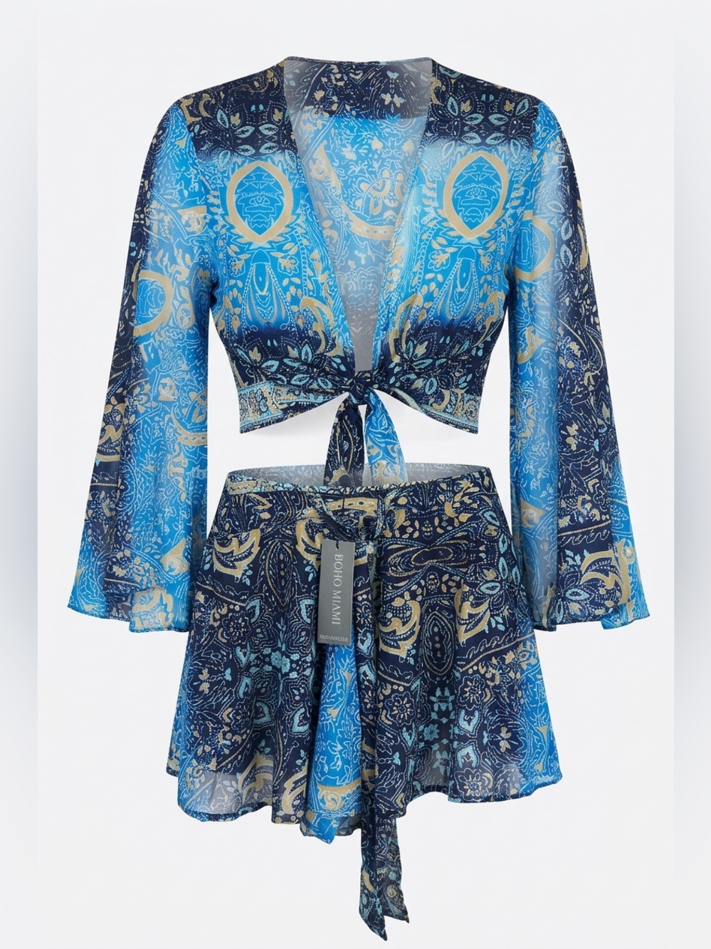 Boho Printed Tie-Front Romper — Blue Paisley